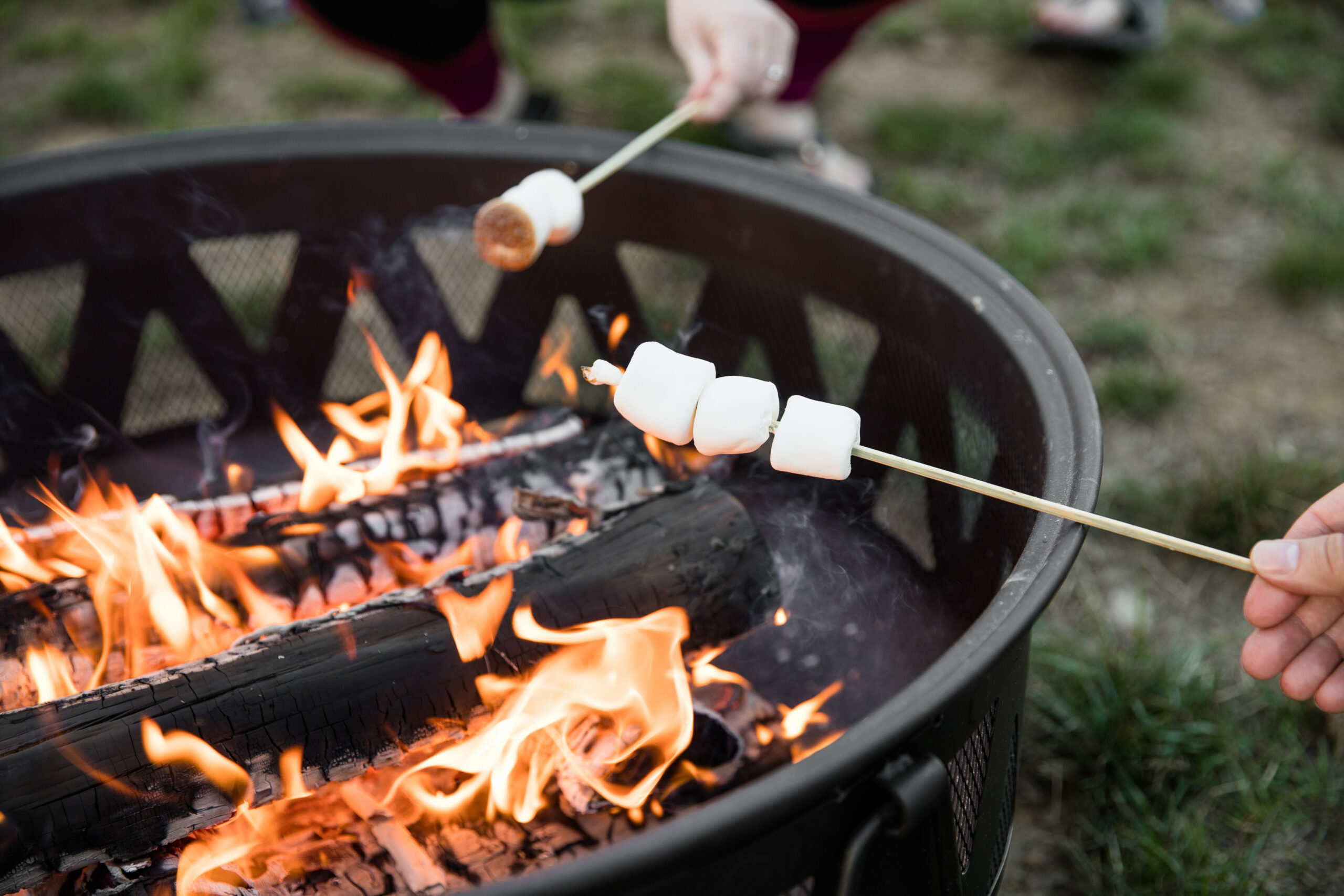 Two people roast marshmallows over an outdoor fire pit with wooden logs burning, using long skewers to hold the marshmallows above the flames.